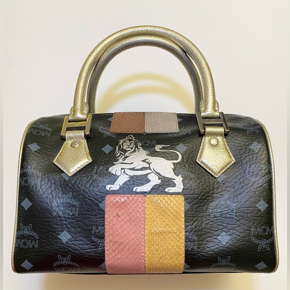 MCM Black Canvas, Snakeskin Embossed and Leather Princess Lion Boston Bag - Picture 10 of 12